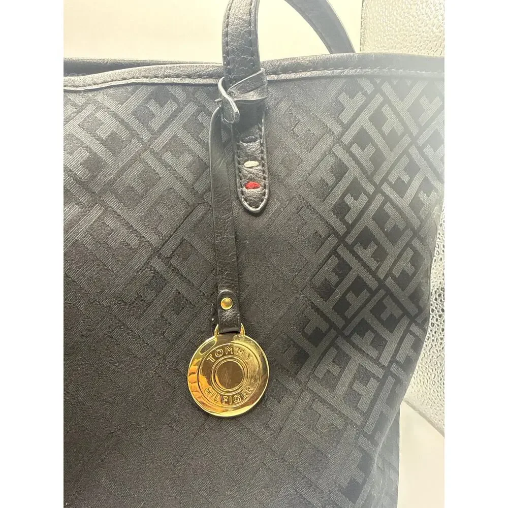 Tommy Hilfiger Black Monogram Jacquard Tote Bag with Gold Medallion Charm